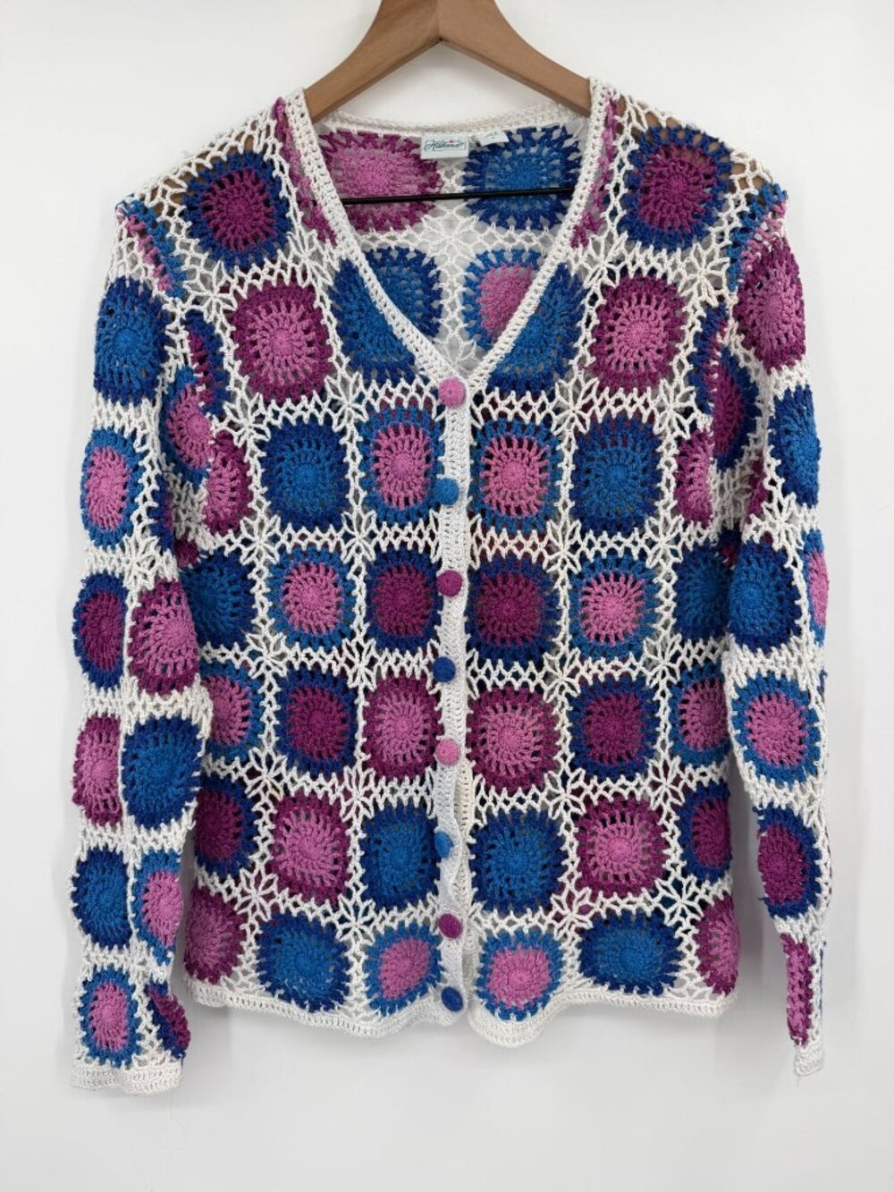 Haband Crochet Patchwork Cardigan Sweater Women’s Large Colorful Button Up Y2K